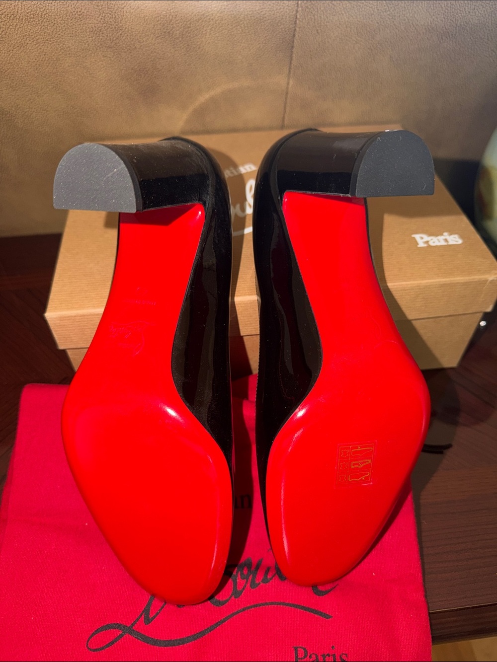 Christian Louboutin Black Patent Block Heel Pumps with Red Soles - Picture 9 of 12
